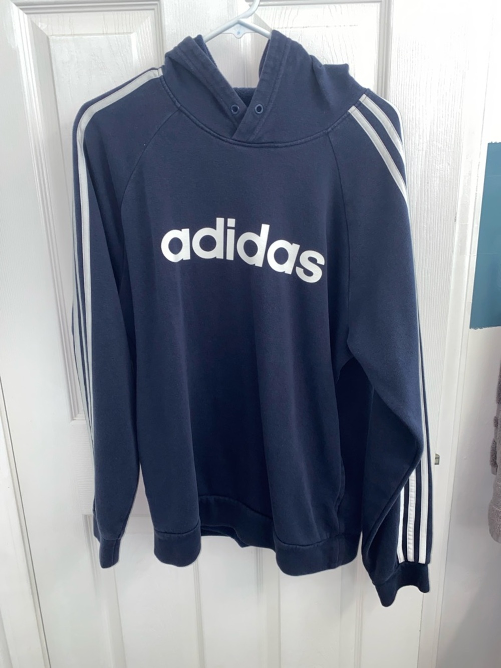 adidas Navy Pullover Hoodie with White Logo and Stripe Detail